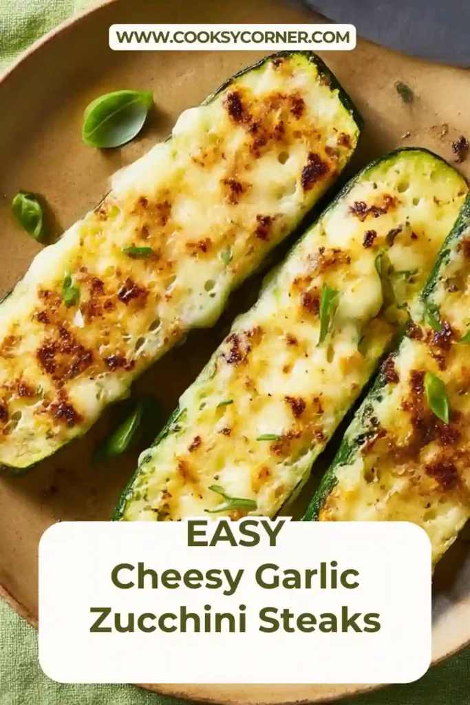 Cheesy garlic zucchini steaks baked with herbs and melted cheese on a sheet pan.