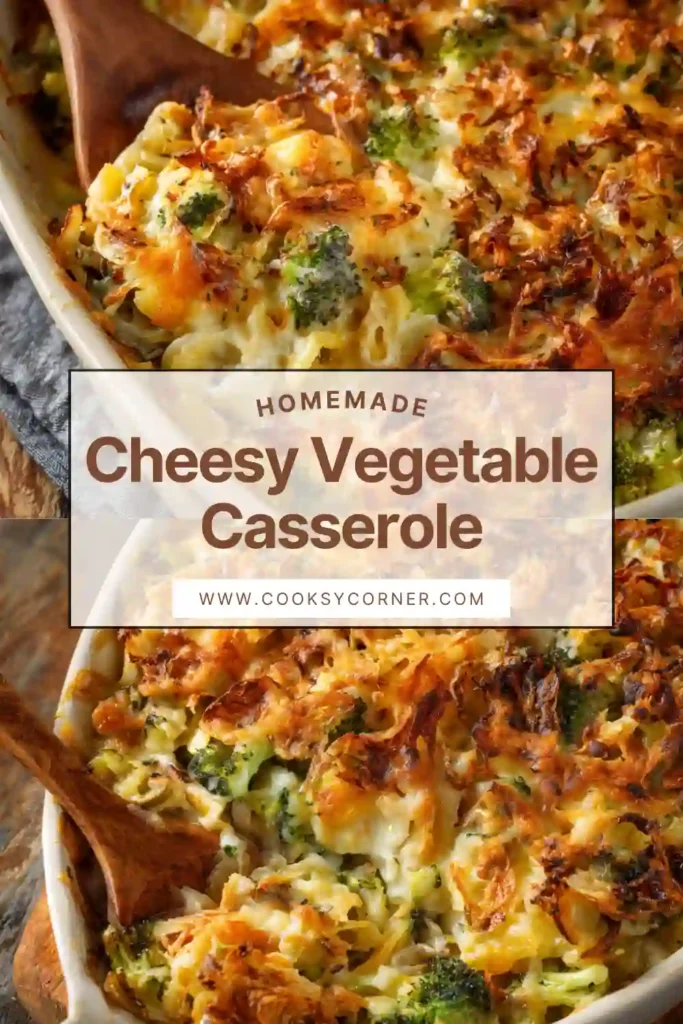 Baked cheesy vegetable casserole served hot in a baking dish.