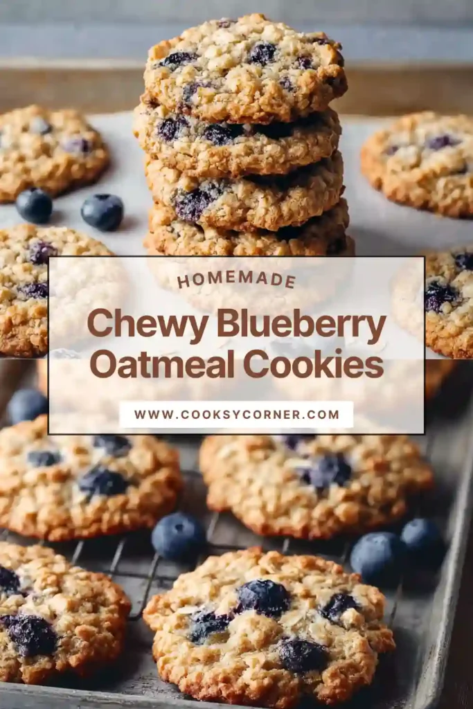 Homemade blueberry oatmeal cookies cooling on a baking rack.