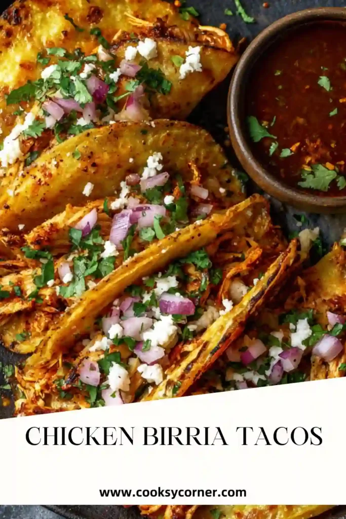 Shredded chicken tacos coated in rich birria sauce.