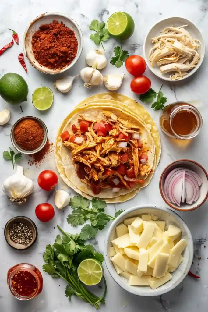 Chicken birria tacos with lime and pico de gallo.