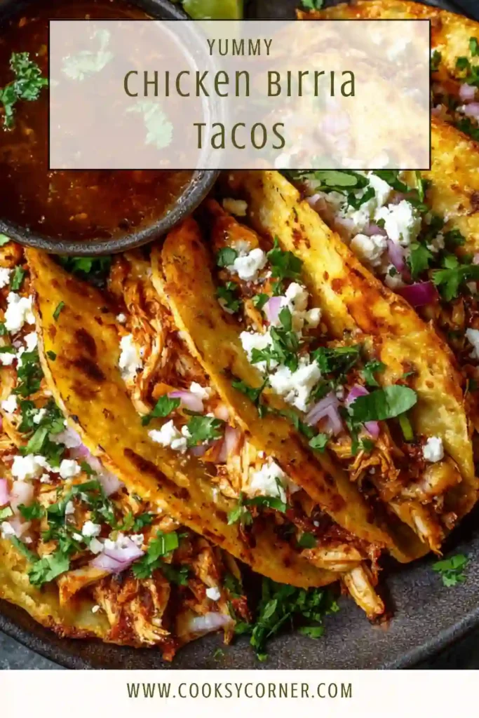 Chicken Birria Tacos served with dipping sauce and cilantro.