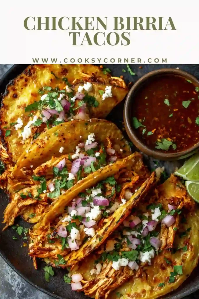 Crispy chicken birria tacos with melted cheese.