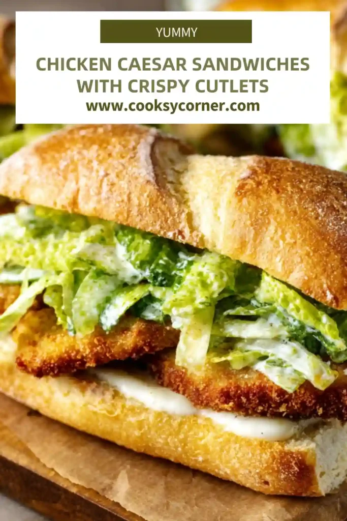 A close-up of Chicken Caesar Sandwiches showing crunchy breaded chicken, shredded lettuce, and parmesan on a hoagie roll. The texture and color highlight its homemade appeal.