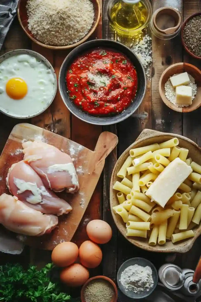 Chicken Parmesan Casserole garnished with parsley, featuring crispy chicken, pasta, marinara, and melted cheese. A classic chicken parmesan pasta casserole.