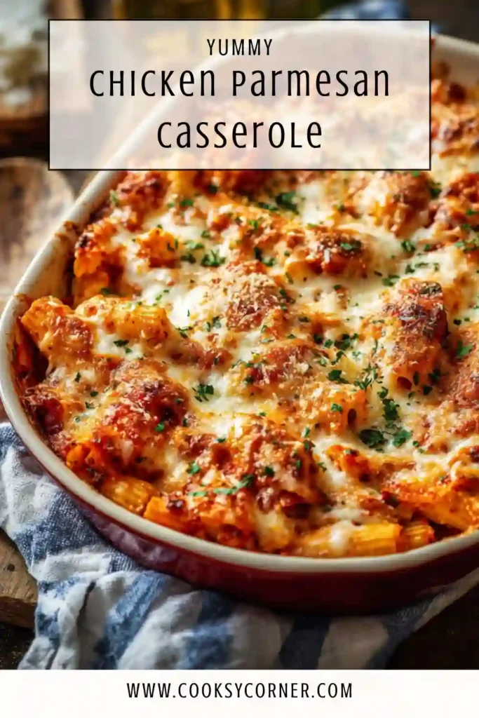 Close-up of Chicken Parmesan Casserole showing golden chicken pieces, cheesy topping, and saucy pasta layers. A hearty baked chicken parmesan casserole recipe.