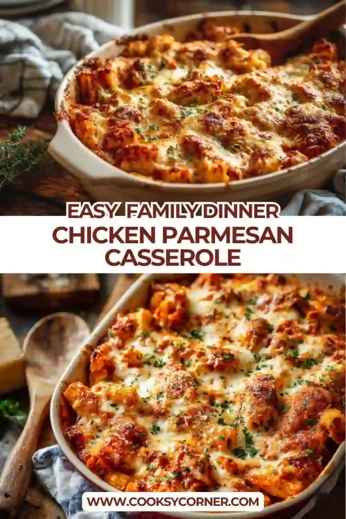 Chicken Parmesan Casserole baked with rigatoni pasta, crispy breaded chicken, marinara sauce, and melted mozzarella cheese in a casserole dish. This comforting chicken parmesan pasta bake is perfect for family dinners.