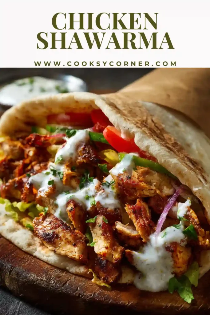 Chicken Shawarma wrapped in flatbread with sauces.