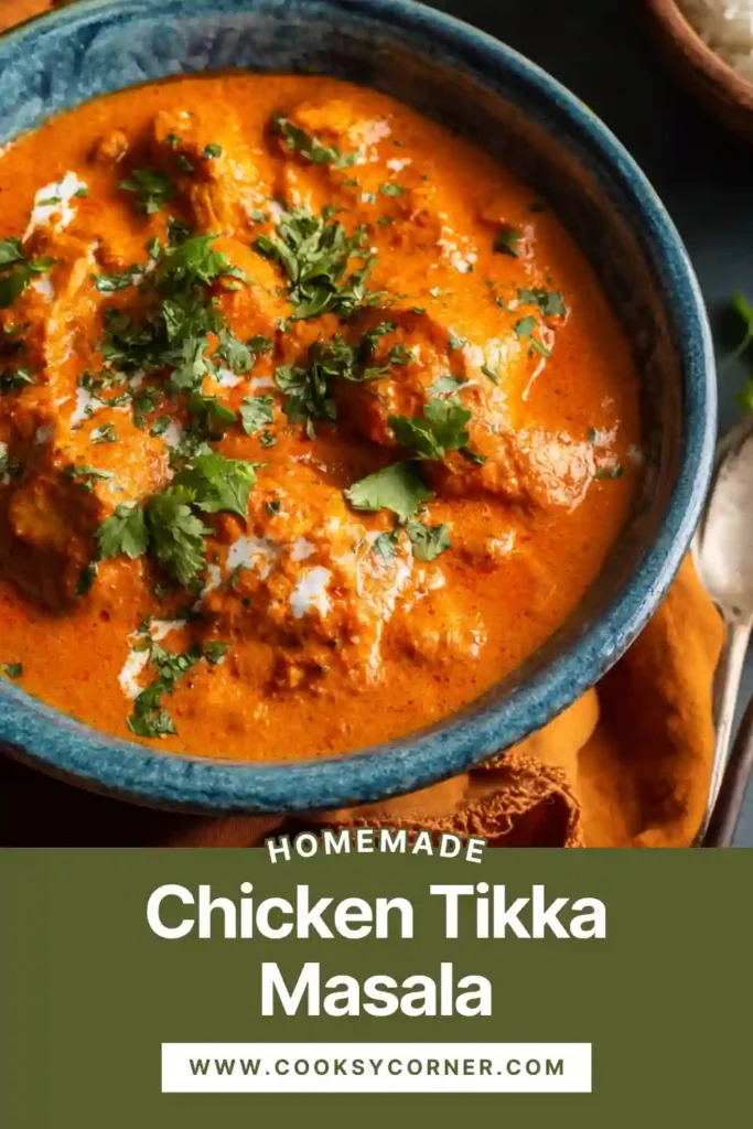 Homemade chicken tikka masala curry with tender chicken pieces.