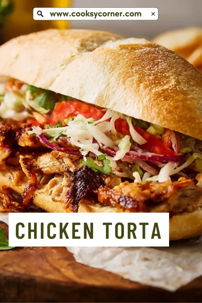 Chicken torta filled with seasoned chicken, lettuce, and tomato.