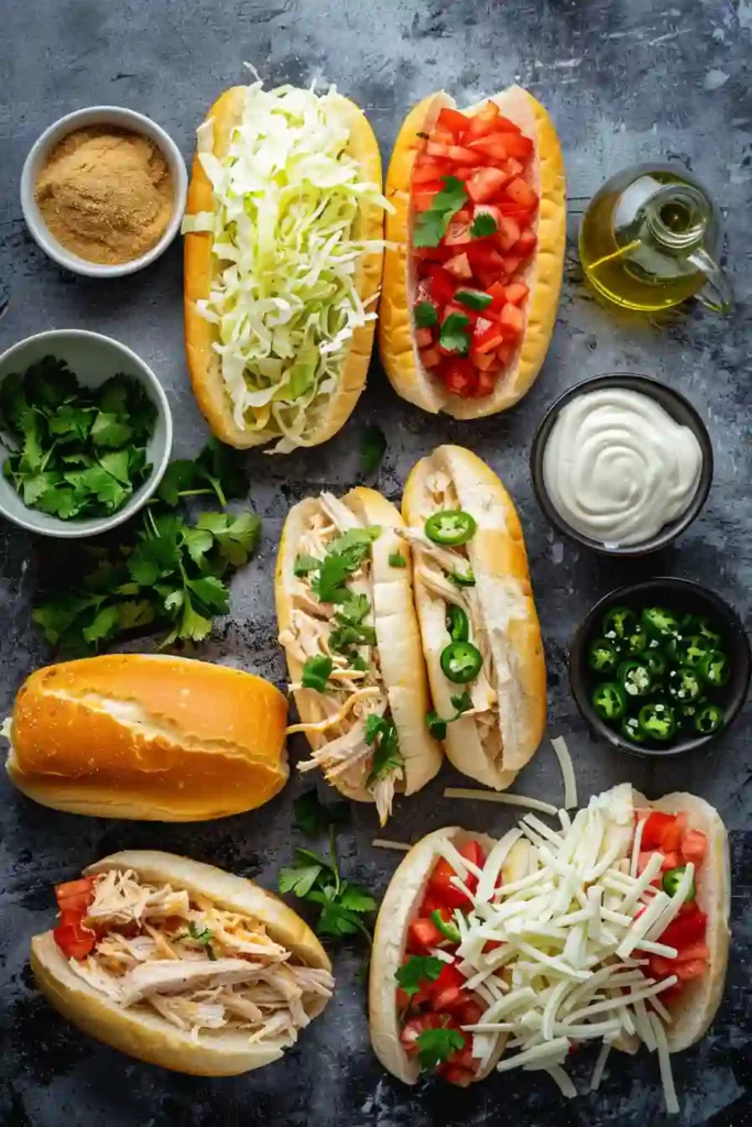 Toasted bolillo sandwich stuffed with chicken and cheese.