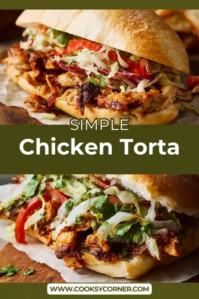 Mexican chicken torta cut in half and served warm.