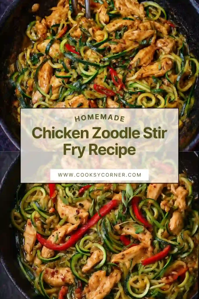 Healthy chicken zoodle stir fry made with zucchini noodles and sesame garnish in a cast iron pan.
