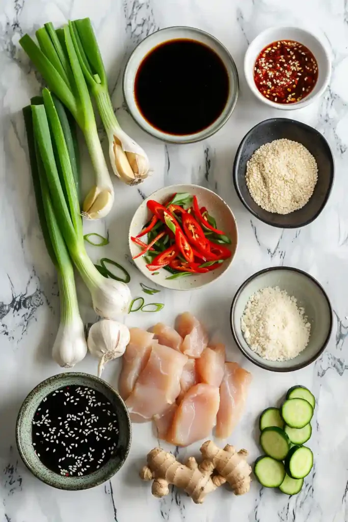 Asian-style chicken zucchini noodle stir fry with glossy sauce and fresh green onions.