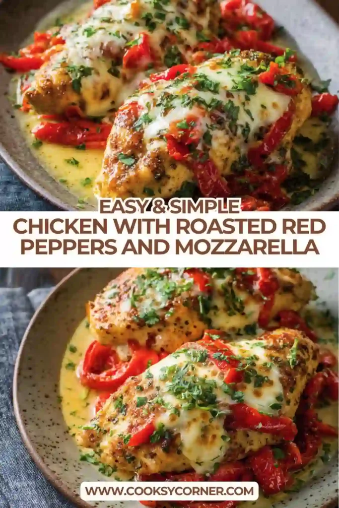 Close-up of chicken cutlets topped with roasted red peppers and browned mozzarella cheese.