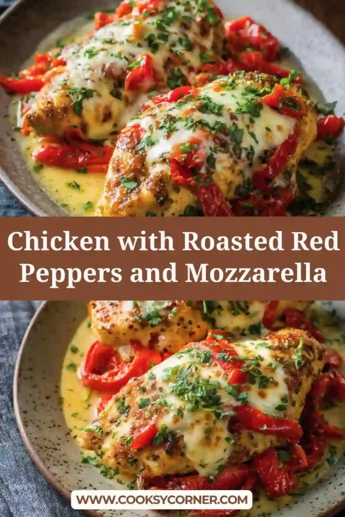 Chicken with roasted red peppers and mozzarella melting over golden pan-seared cutlets in a skillet.