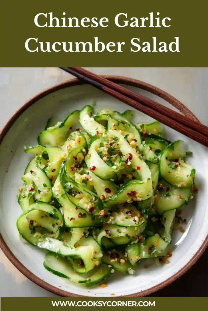 Fresh Chinese Garlic Cucumber Salad served cold with garlic and vinegar dressing.