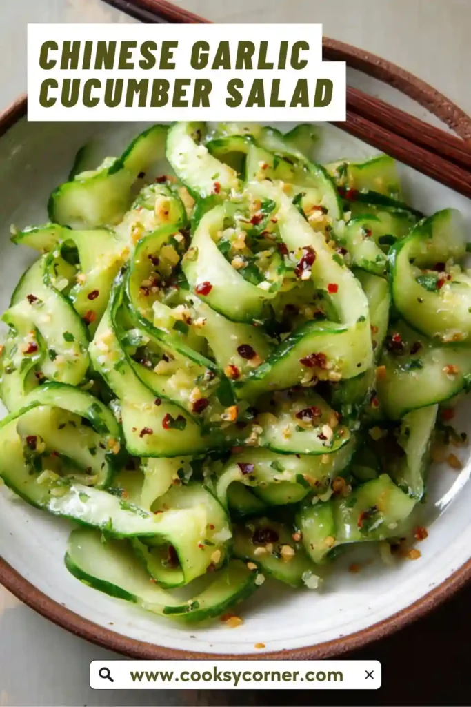 Chinese Garlic Cucumber Salad with thinly sliced cucumbers tossed in garlic soy dressing. A crisp and refreshing side dish.