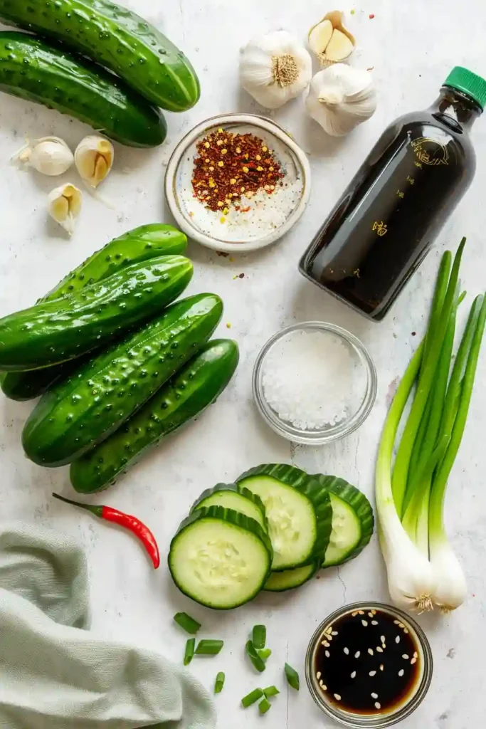 Close-up of Chinese Garlic Cucumber Salad showing crunchy cucumber slices coated in garlic marinade.