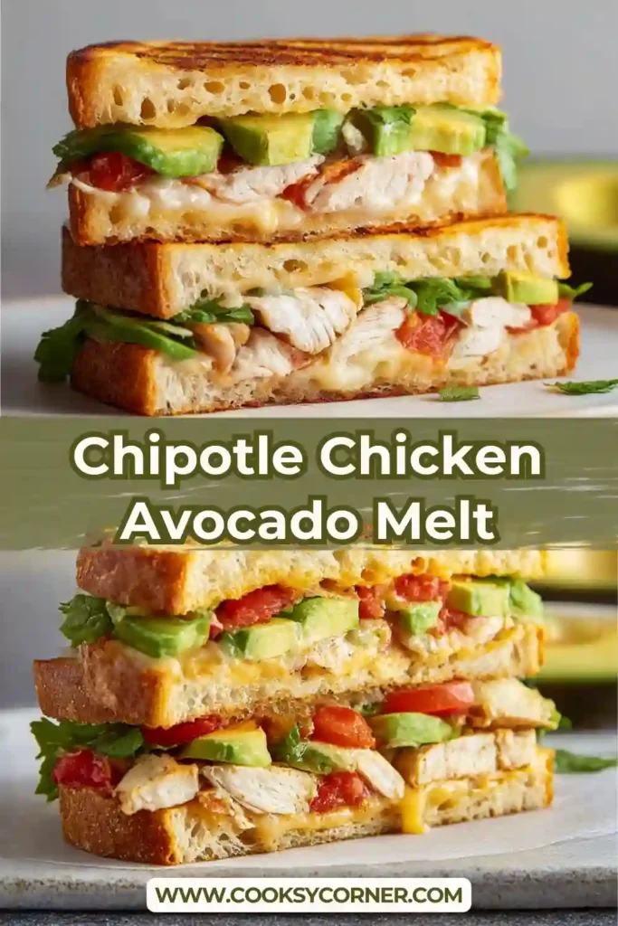 Chicken avocado melt with chipotle sauce and sourdough bread.