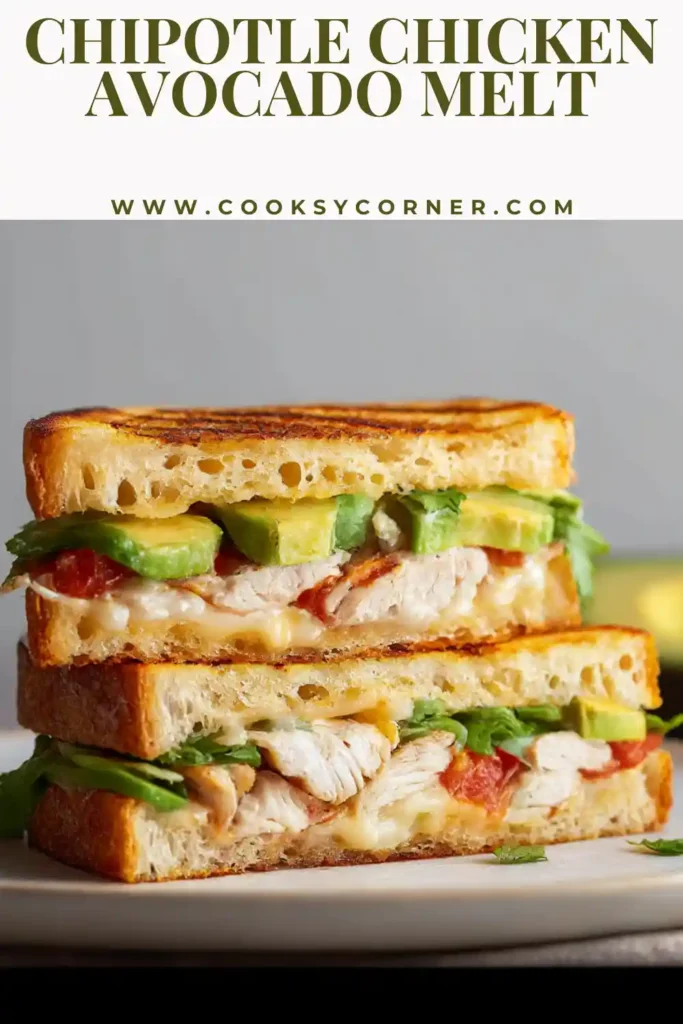 Chipotle chicken avocado melt sandwich sliced in half with melted cheese.