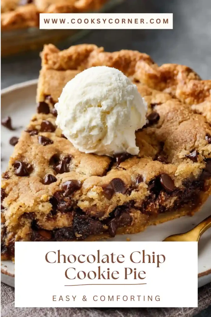 Chocolate chip cookie pie served with ice cream.