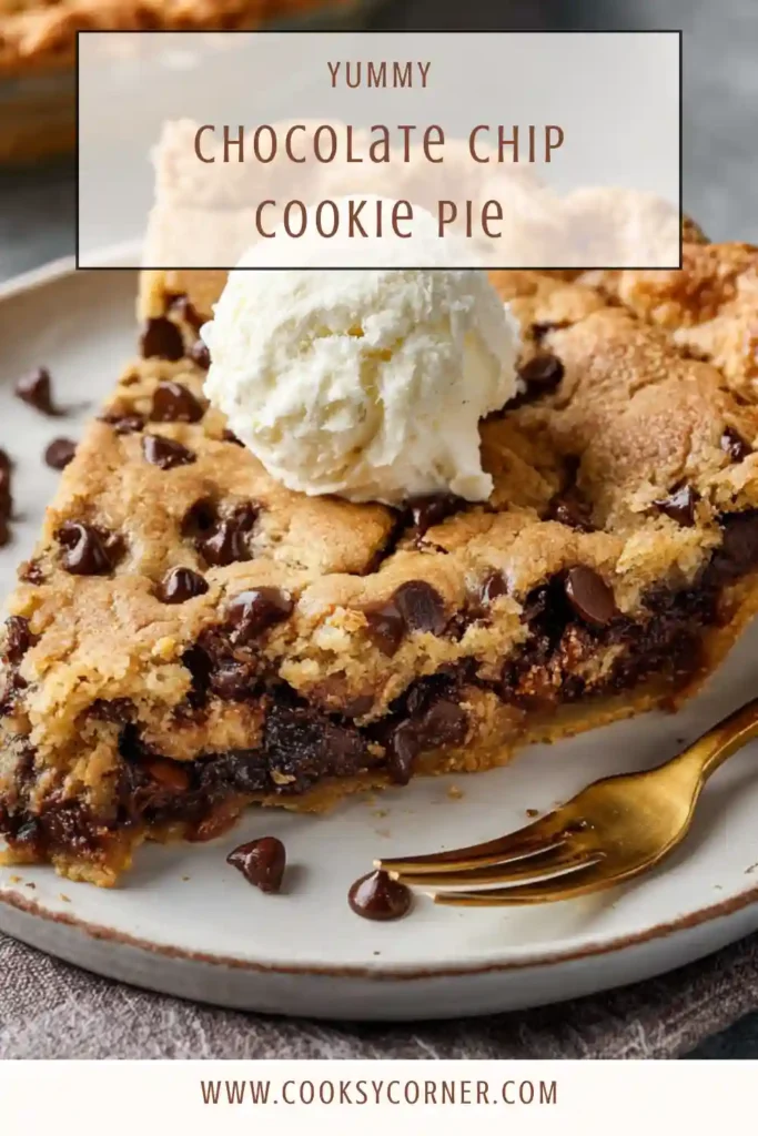 Warm cookie pie with melted chocolate chips and golden crust.