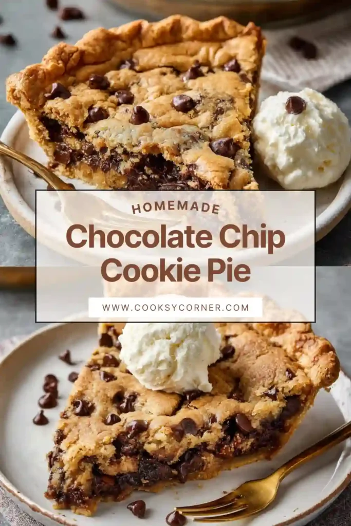 Chocolate Chip Cookie Pie sliced to show gooey chocolate chip center.