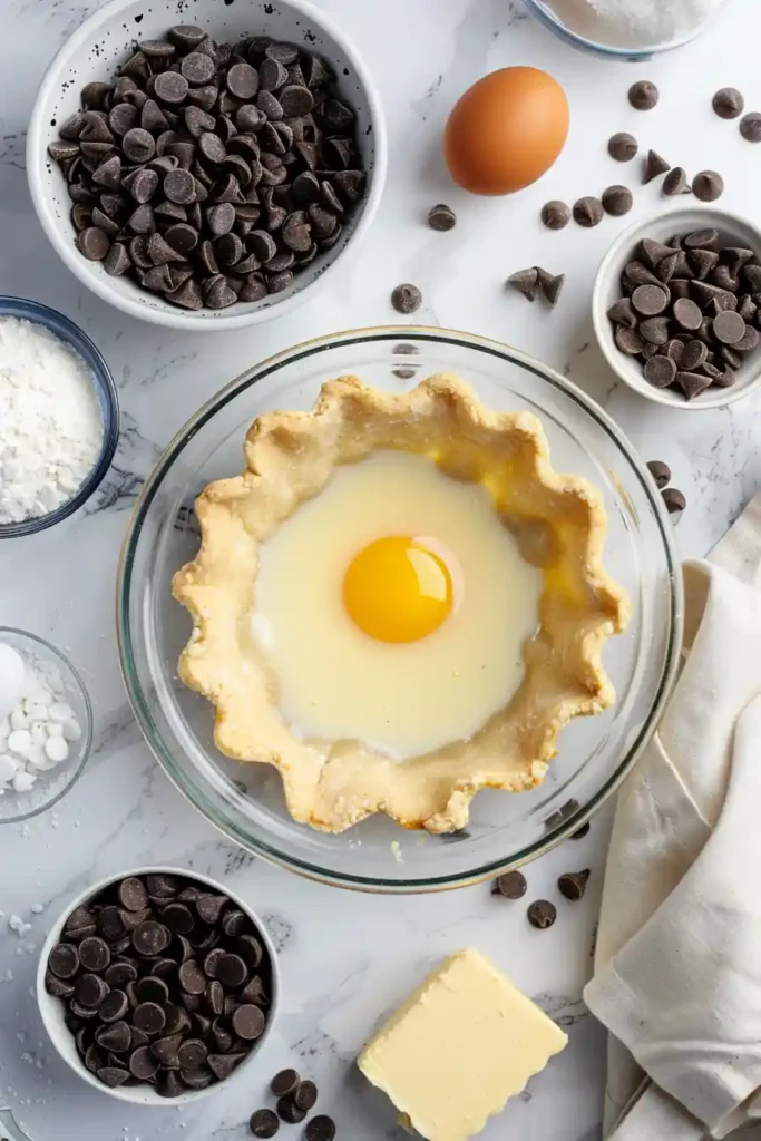 Gooey chocolate chip dessert pie on a plate.