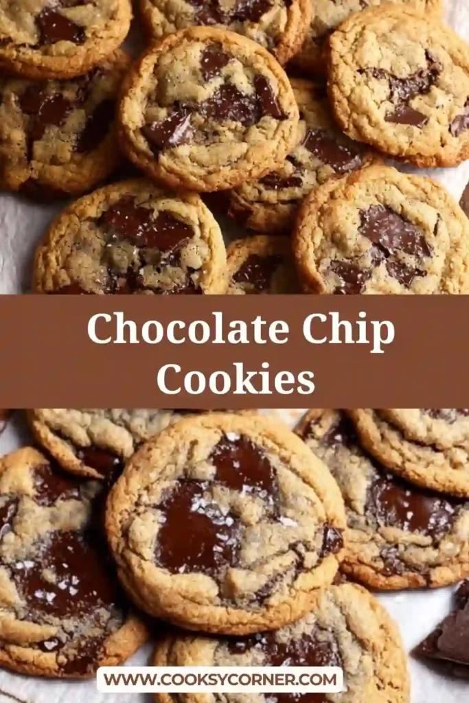 Freshly baked bakery style chocolate chip cookies stacked with visible chocolate pockets and crisp edges. Perfect homemade cookies.