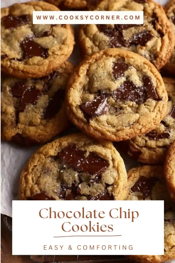Chocolate chip cookies bakery style on parchment paper showing thick dough and rich chocolate pieces after baking.