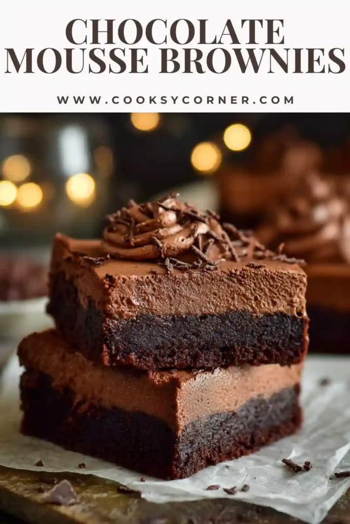 Chocolate Mousse Brownies with thick mousse layer over fudgy brownies, sliced neatly and chilled.