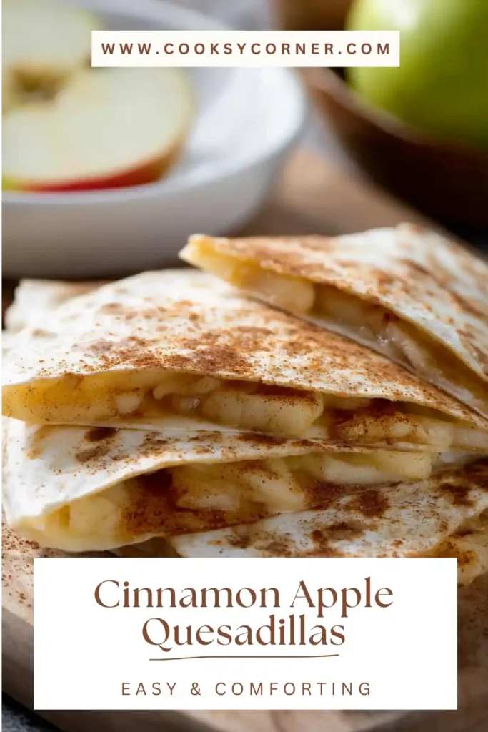 Sweet apple quesadilla sliced and served warm with cinnamon filling.