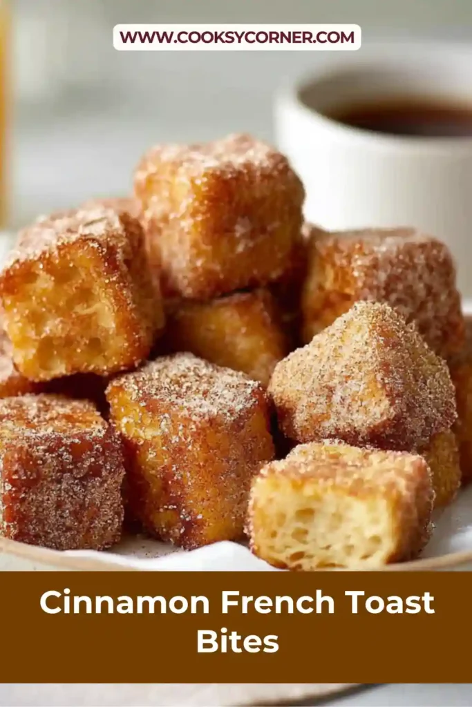 Close-up of cinnamon French toast bites coated in cinnamon sugar, showing their golden crust and soft interior, perfect for an easy breakfast.