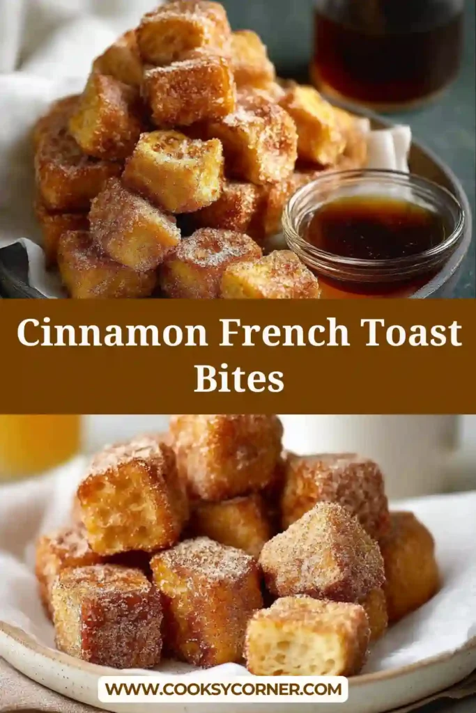 Cinnamon French toast bites cooked until golden and tossed in cinnamon sugar, served warm with maple syrup for dipping. These bite-sized breakfast pieces are crispy and fluffy.