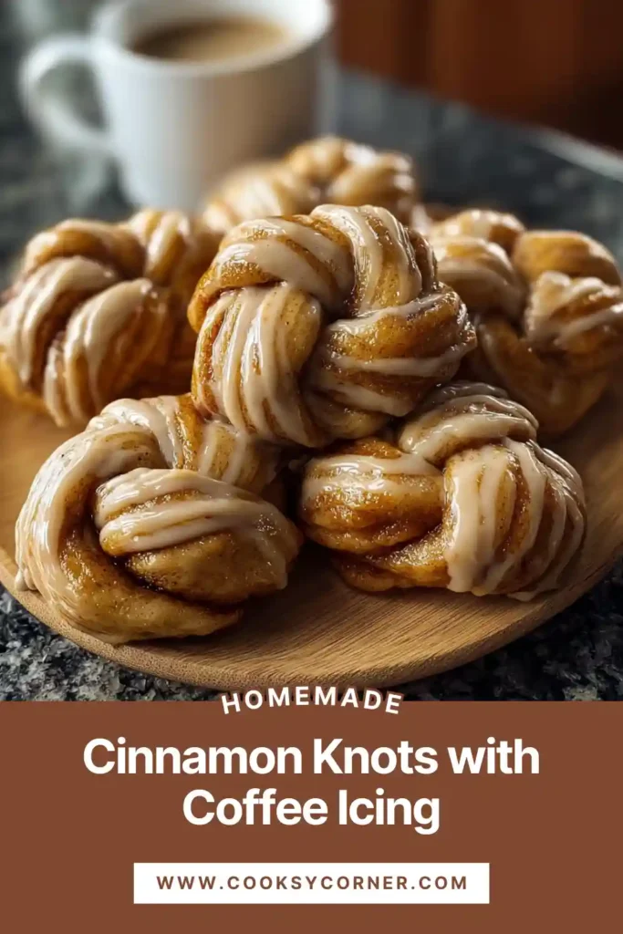 Close-up of cinnamon knots showing twisted shape and cinnamon filling with coffee icing.
