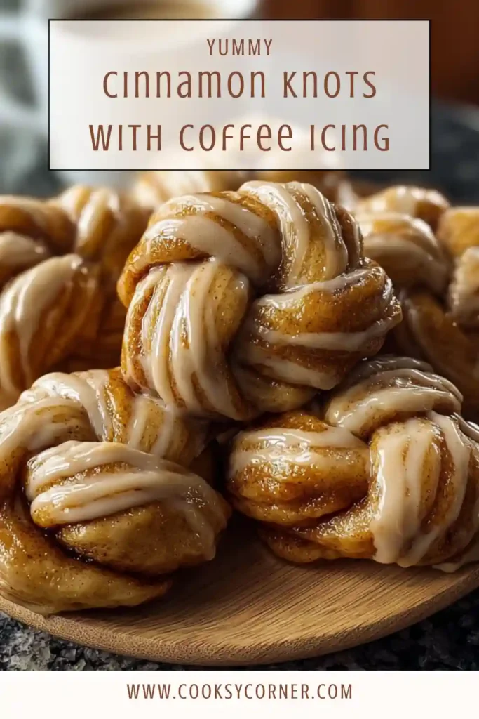 Freshly baked cinnamon knot rolls topped with smooth coffee glaze. Bakery-style homemade dessert.