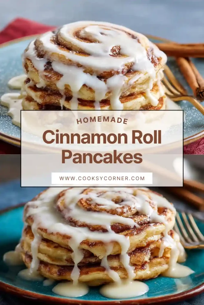 Fluffy Cinnamon Roll Pancakes topped with creamy glaze, showing rich cinnamon swirls and soft pancake texture.