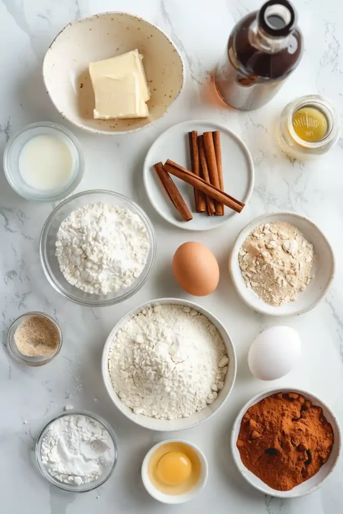 Breakfast plate featuring Cinnamon Roll Pancakes with cinnamon sugar swirl and creamy glaze.