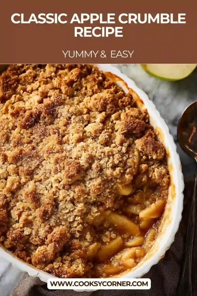 Baked Classic Apple Crumble served warm in a ceramic dish with a crunchy topping and soft apple layers. An easy homemade dessert.