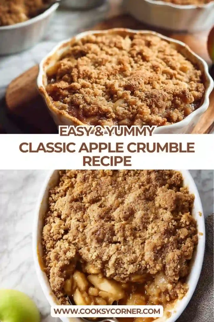 A close-up view of Classic Apple Crumble showing tender cinnamon apples beneath a crisp buttery topping. Perfect fall dessert for family meals.