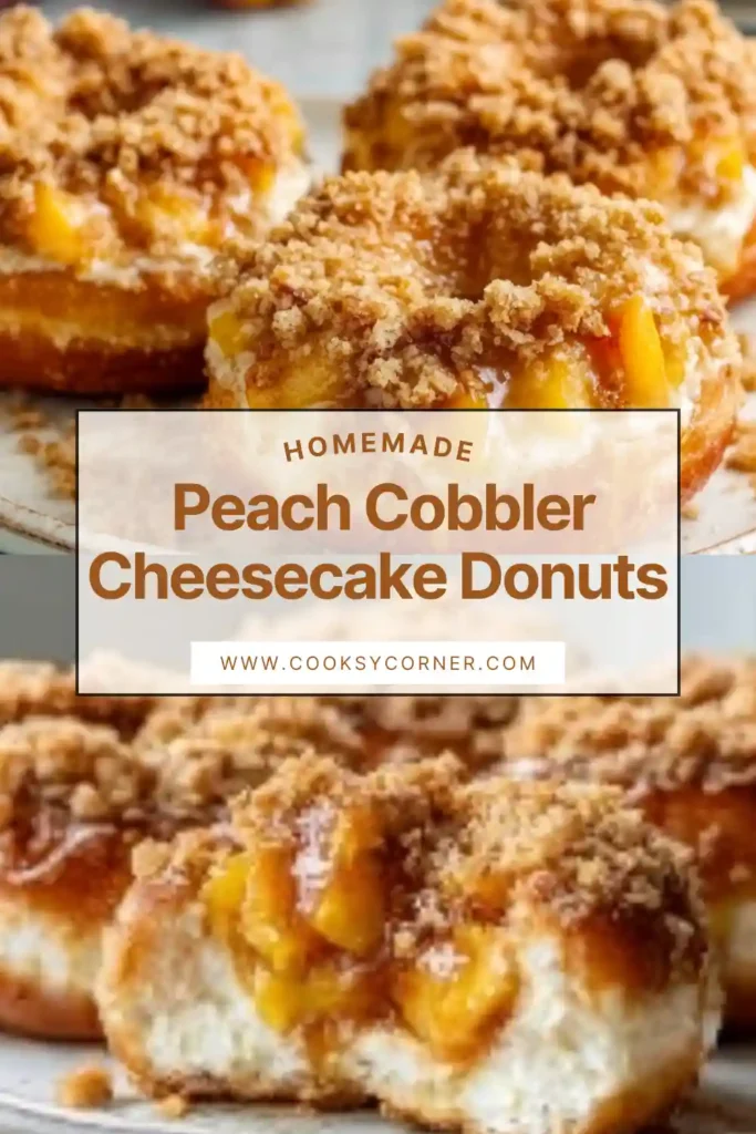 Golden Classic Peach Cobbler Cheesecake Donuts with visible creamy filling and warm cinnamon-spiced peaches.