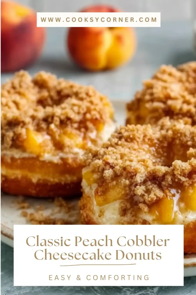 Homemade Classic Peach Cobbler Cheesecake Donuts served as a dessert with peach cobbler topping and light glaze.