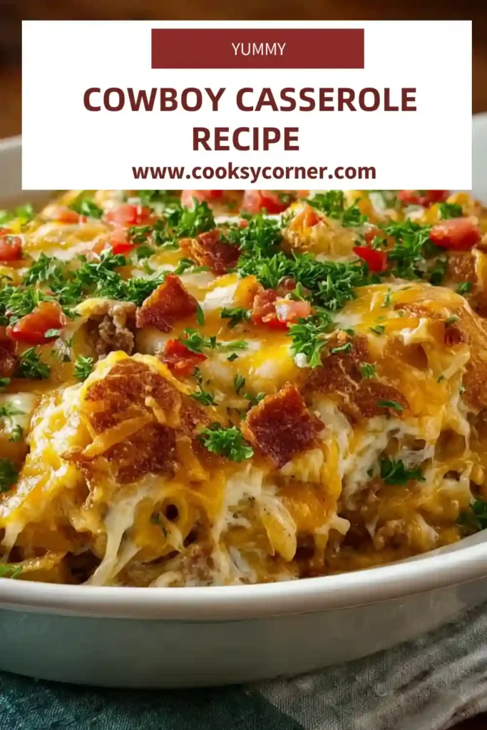 A cheesy Cowboy Casserole recipe made with seasoned beef, corn, and crispy tater tots fresh from the oven.
