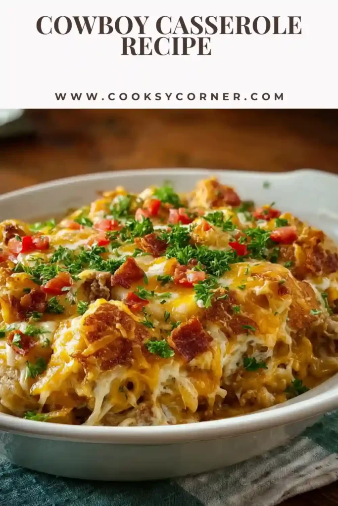 Cowboy Casserole recipe baked until golden with crispy tater tots and melted cheese on top. This easy ground beef casserole is hearty and comforting.