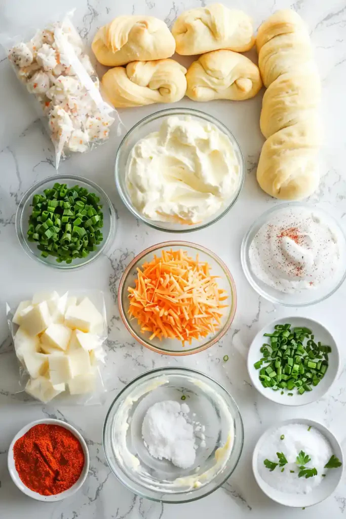 Crescent roll crab appetizers with creamy seafood filling and crisp edges.