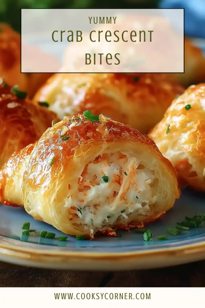 Crab crescent bites baked golden with creamy crab filling inside flaky crescent rolls, served warm on a tray.