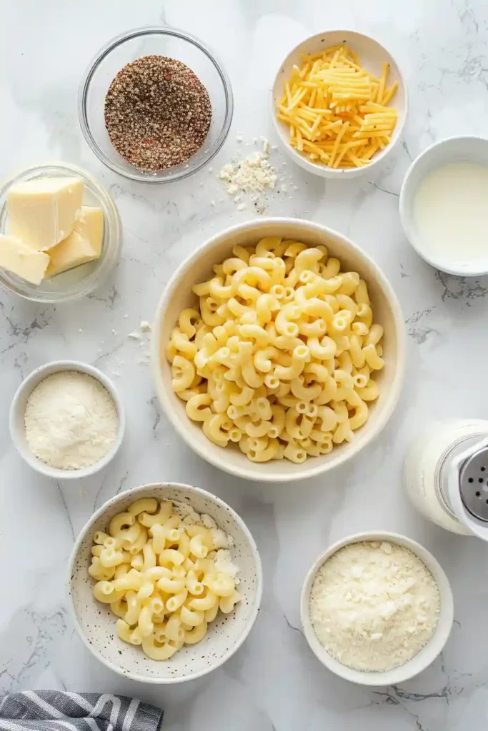 Cheesy baked macaroni and cheese casserole with smooth, creamy texture.