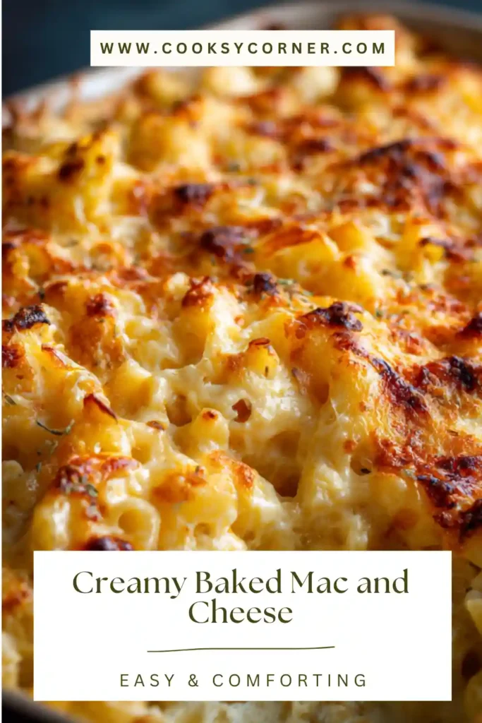 Close-up of creamy baked mac and cheese showing rich cheese sauce and bubbly topping.