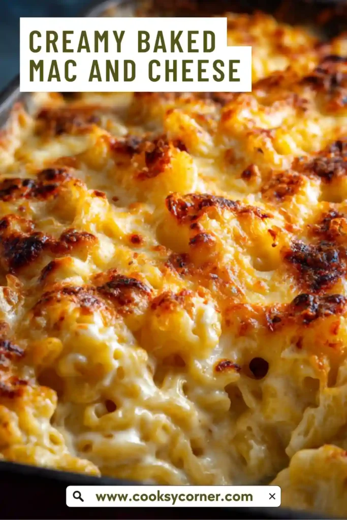 Creamy baked mac and cheese with golden melted cheese on top and tender pasta inside.